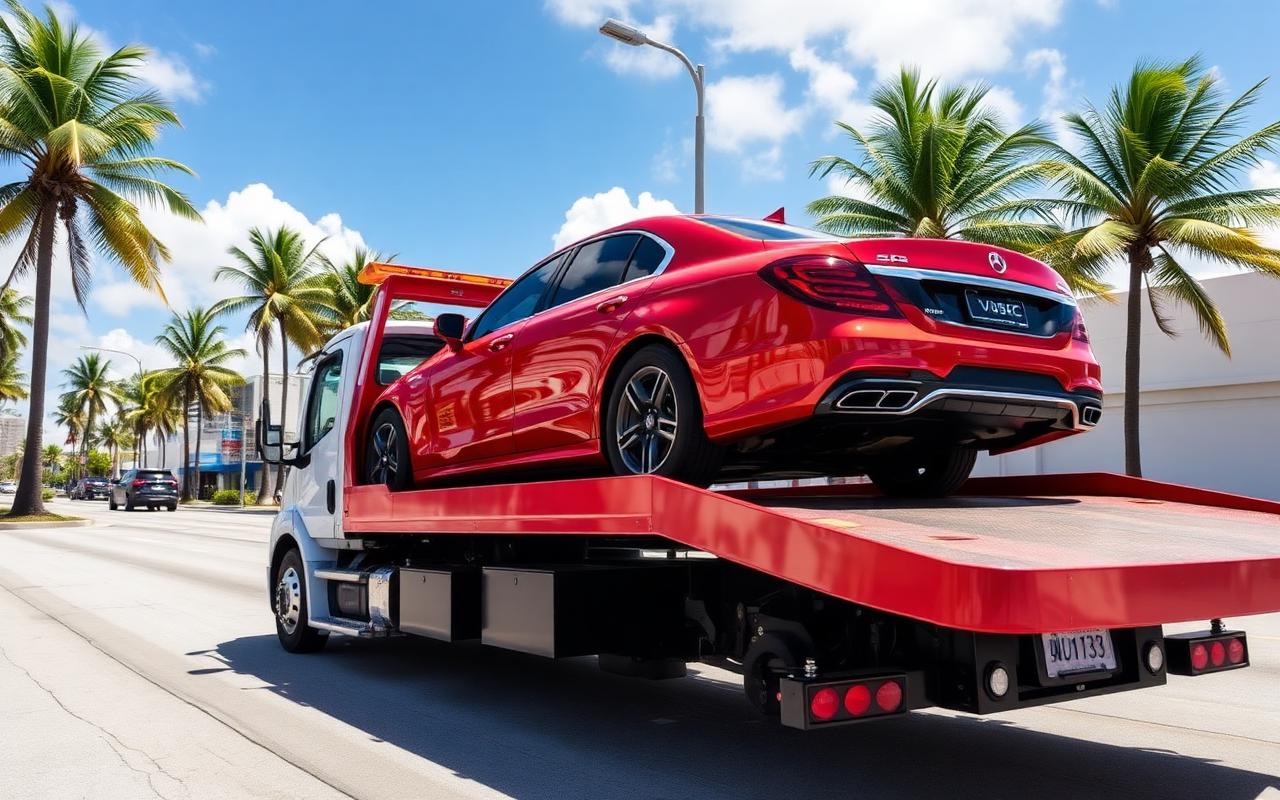 Red flatbed tow truck loading a luxury vehicle